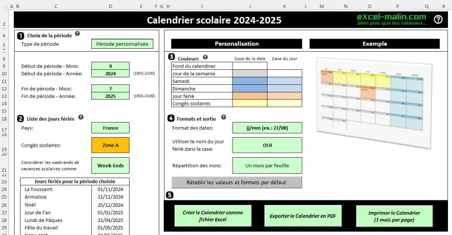 Calendrier scolaire 2024-2025 Excel et PDF