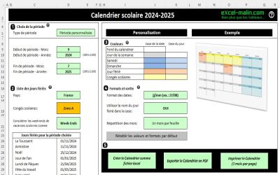 Calendrier Scolaire 2024-2025 Excel Et PDF - Modifiable Et Gratuit