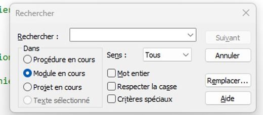 Recherche dans l'éditeur VBA