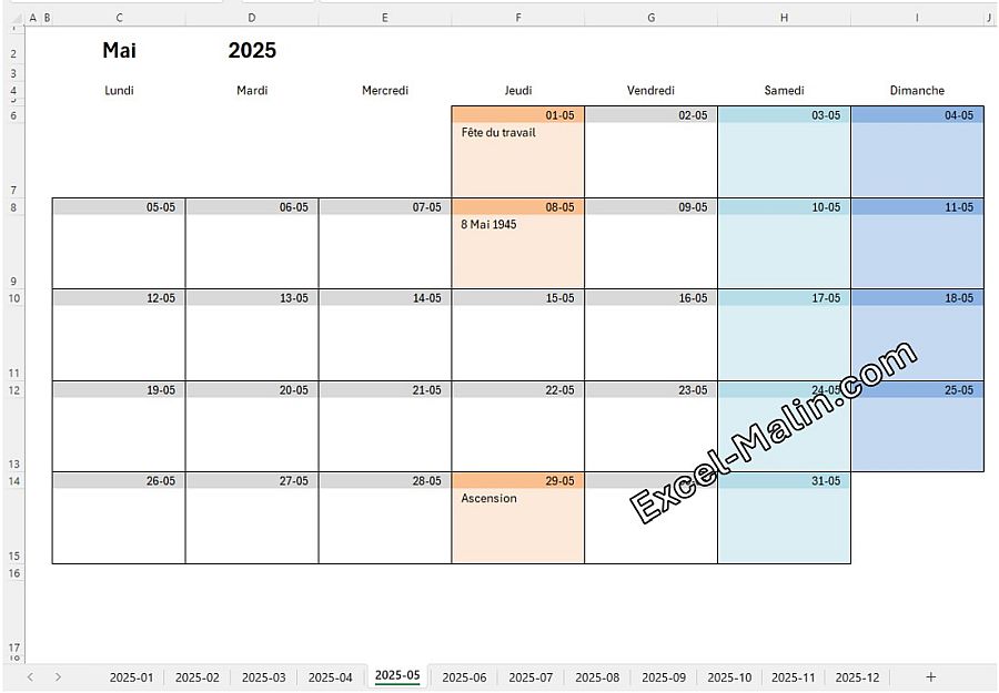 Calendrier mensuel Excel: Vue d'un mois Calendrier mensuel Excel gratuit 2025 (exemple)