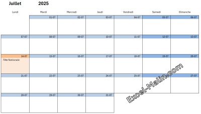 Exemple de calendrier mensuel 2025 Excel