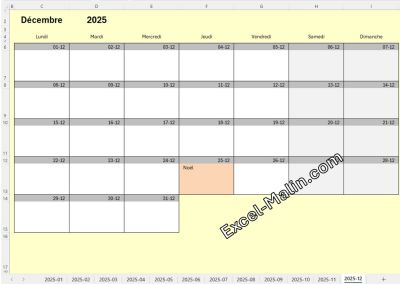 Exemple de calendrier mensuel Excel 2025