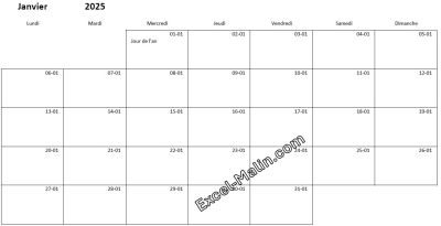 Calendrier 2025 personnalisable Excel