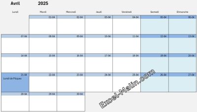 Exemple de calendrier mensuel 2025