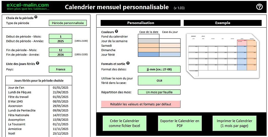 Calendrier mensuel gratuit: 2025-2026
