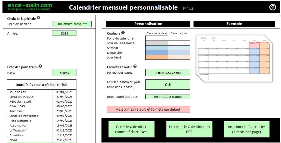 Calendrier mensuel Excel: Création d'un calendrier 2025 Calendrier mensuel Excel: Interface utilisateur