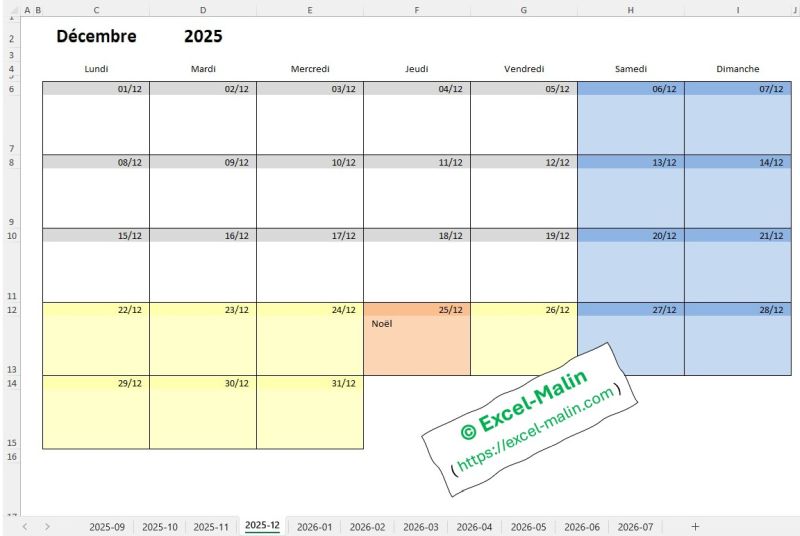 Calendrier scolaire 2025-2026 Excel - exemple d'un mois