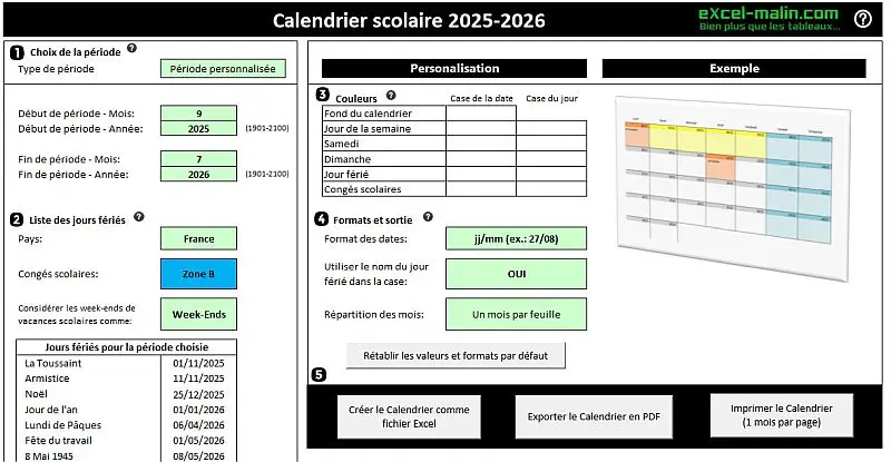 Calendrier scolaire 2025-2026 Excel et PDF