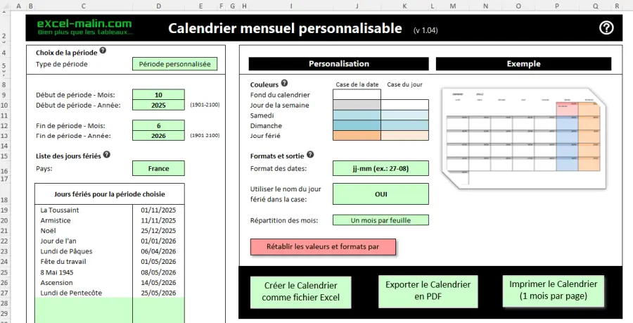 Calendrier mensuel Excel : Interface de création du calendrier 2025