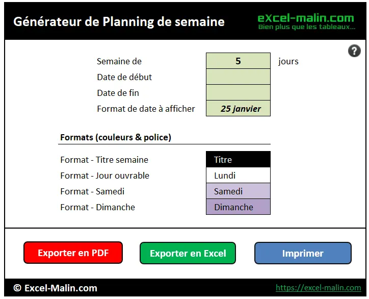 Générateur de semainiers Excel personnalisable Générateur de semainiers Excel personnalisable - agenda hebdomadaire
