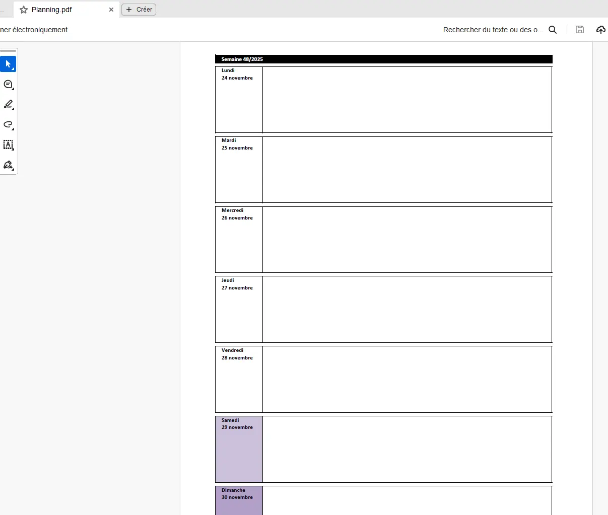 Semainier en PDF - 7 jours par semaine Semainier hebdomadaire en PDF à imprimer - exemple