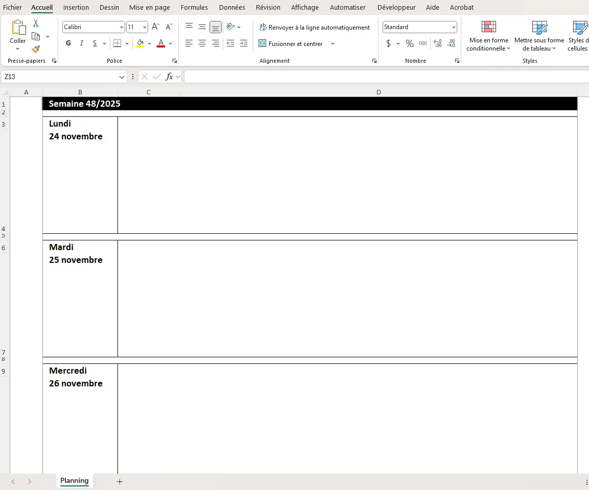 Semainier Excel à remplir - exemple Semainier Excel 2025 à remplir - exemple